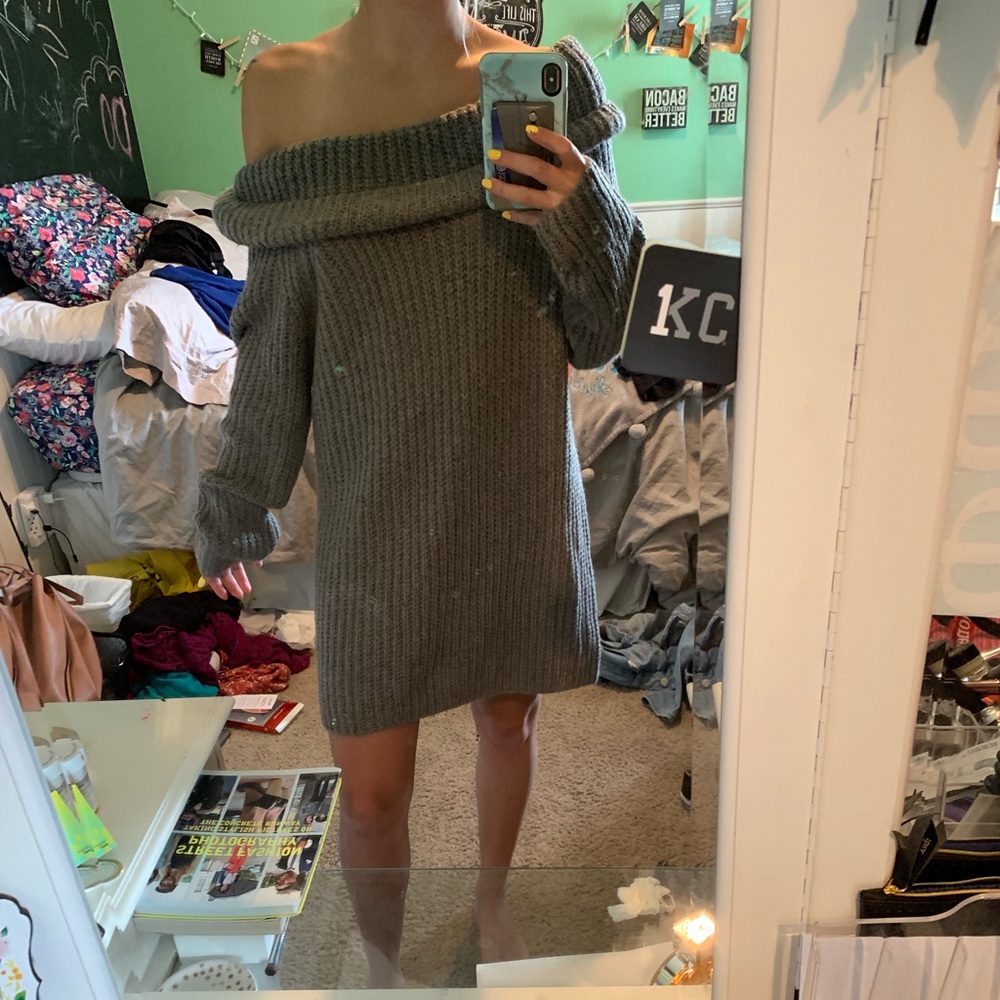 Grey cowl neck/ off the shoulder sweater dress